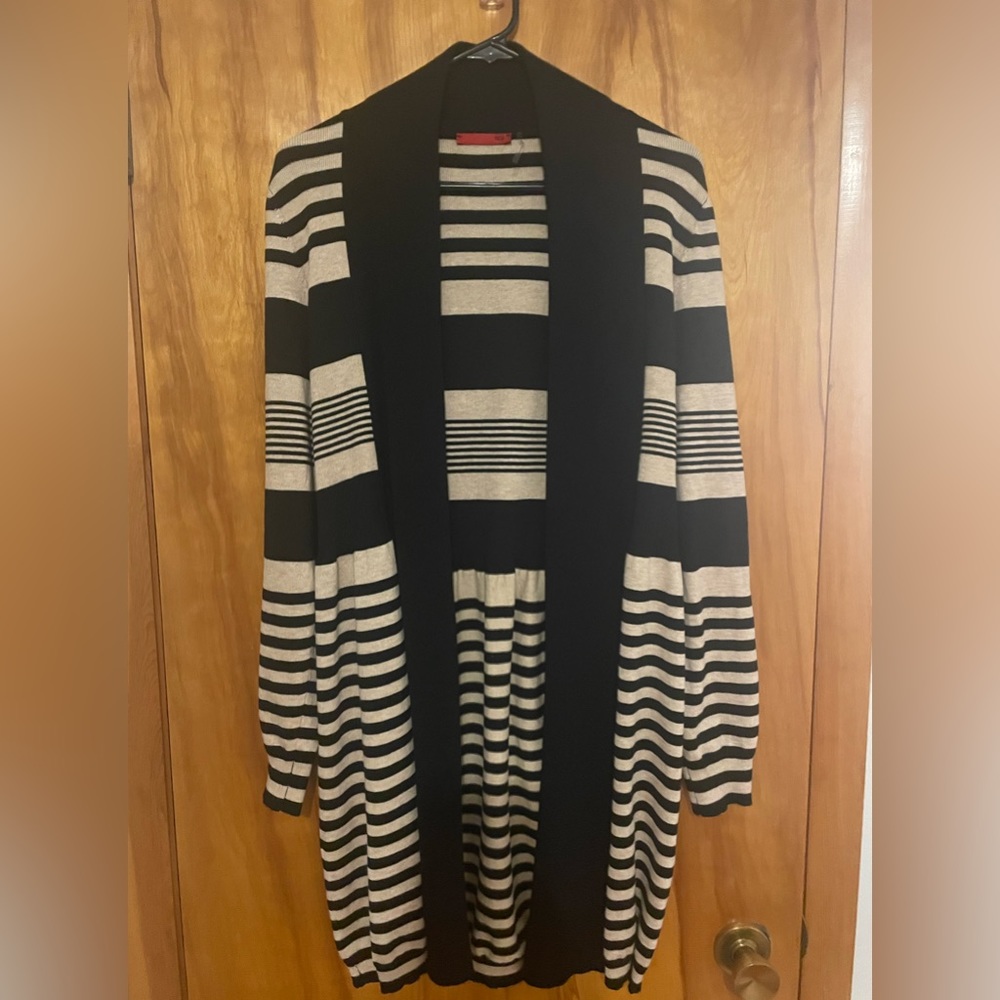 Black And Tan Striped Open Front Duster Cardigan. Long Sleeve. Size L